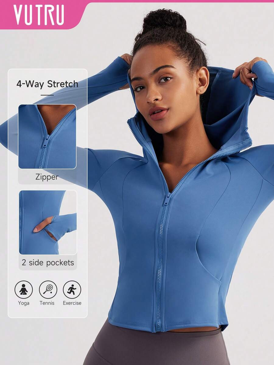 VUTRU [Spring/Summer] Women's Hooded Pocket Thumb Hole Yoga Jacket | SHEIN