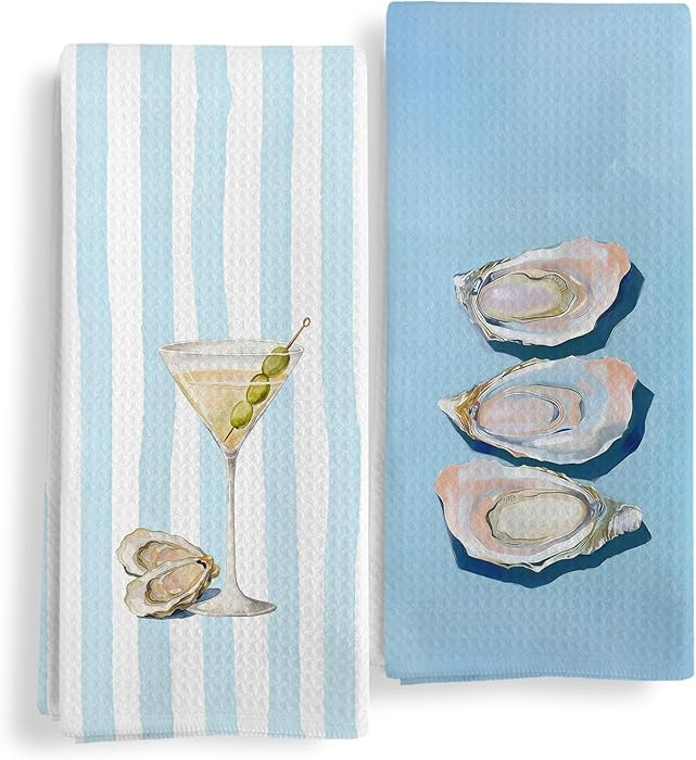 Blue Coastal Beach Oyster Cocktail Bar Kitchen Towels Set of 2, Summer Coastal Dish Tea Towels, C... | Amazon (US)
