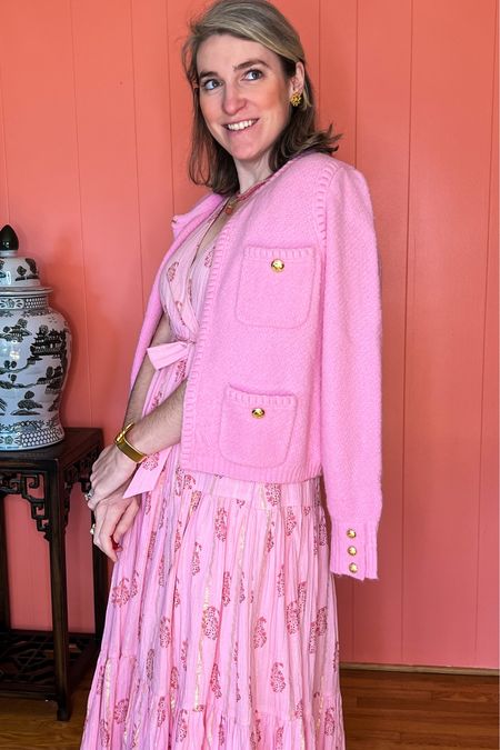 Adding a ladylike pink sweater for warmth! 