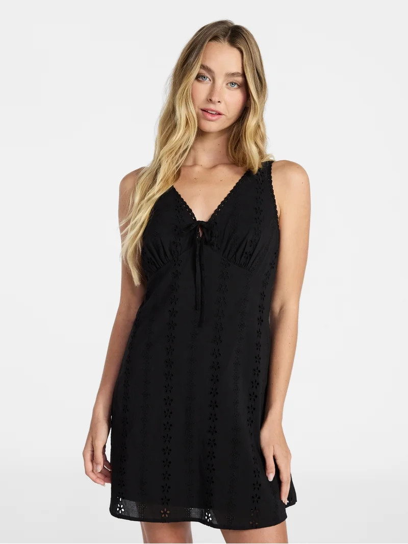 No Boundaries Cotton Lace Trim Plunge Mini Dress, Women's XXS-XXL | Walmart (US)