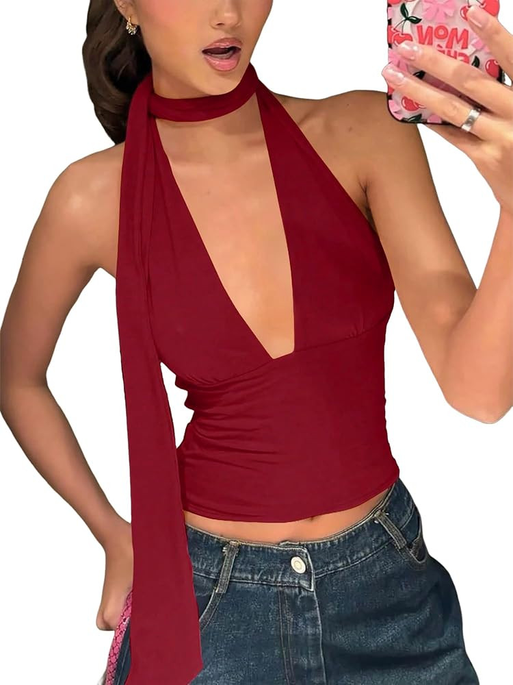 Womens Sexy Scarf Halter Tops Going Out Deep V Neck Sleeveless Backless Crop Top Slim Fit Y2k Sum... | Amazon (US)