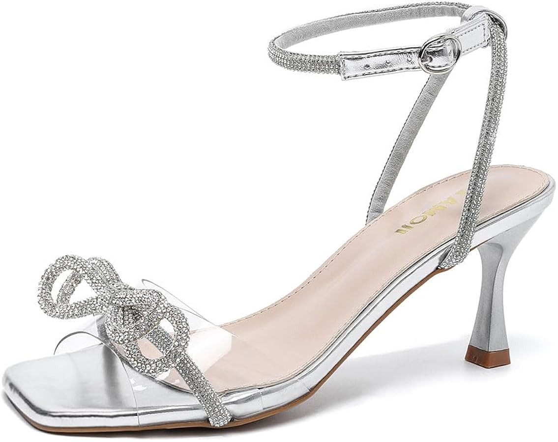Amoji Women's Kitten Heels 3 Inch Rhinestone Bow Strappy Dress Shoes 336 | Amazon (US)