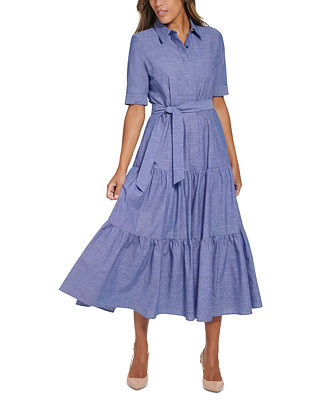 Calvin Klein Women's Cotton Denim Tiered Shirtdress & Reviews - Dresses - Women - Macy's | Macys (US)