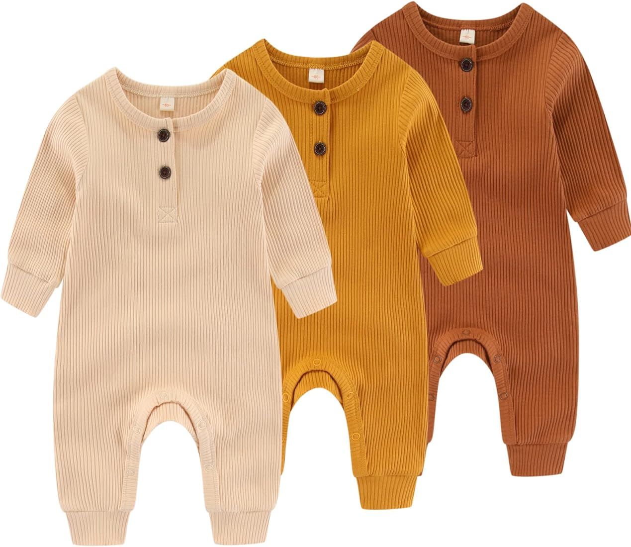 IADOER Newborn Baby Boys Girls One Piece Romper With Mitten Cuffs 3 Pack Long Sleeve Ribbed Butto... | Amazon (US)