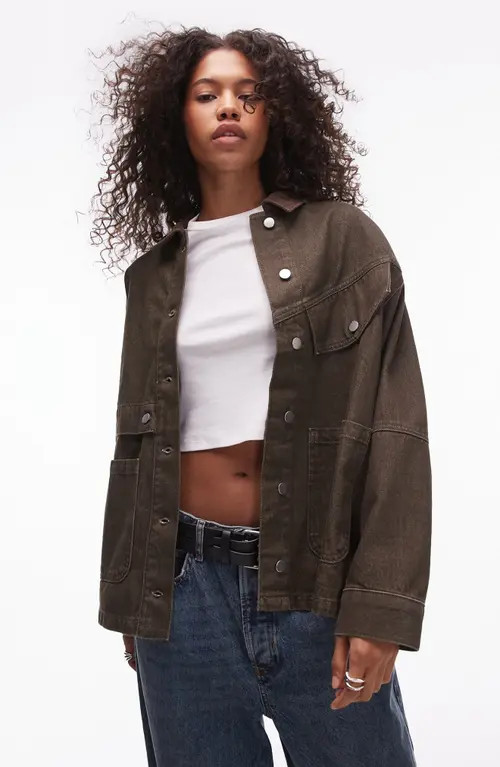 Topshop Oversize Corduroy Collar Denim Jacket in Brown at Nordstrom, Size Medium | Nordstrom
