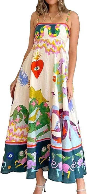Women Y2k Graphic Midi Dress Cute A Line Graffiti Print Long Cami Dress Flowy Ruffle Sundress Vin... | Amazon (US)