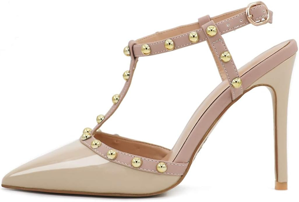 Comfity Women's Rivets Slingbacks Strappy Sandals For Dress, Pointy Toe Golden Round Rivets High ... | Amazon (US)