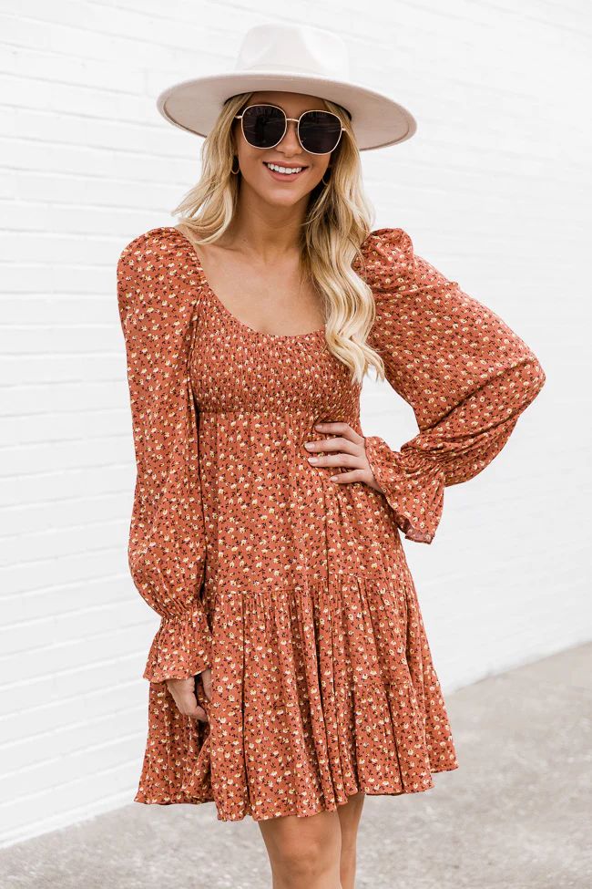 Following A Shadow Rust Smocked Floral Dress | The Pink Lily Boutique