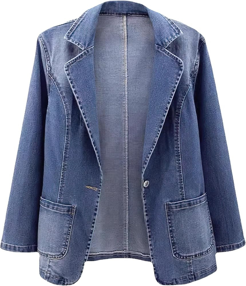 ebossy Women's Classic Notch Lapel Denim Blazer One Button Long Sleeve Slim Office Jean Jacket | Amazon (US)