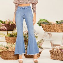 Raw Hem Wide Leg Flared Denim Jeans | SHEIN