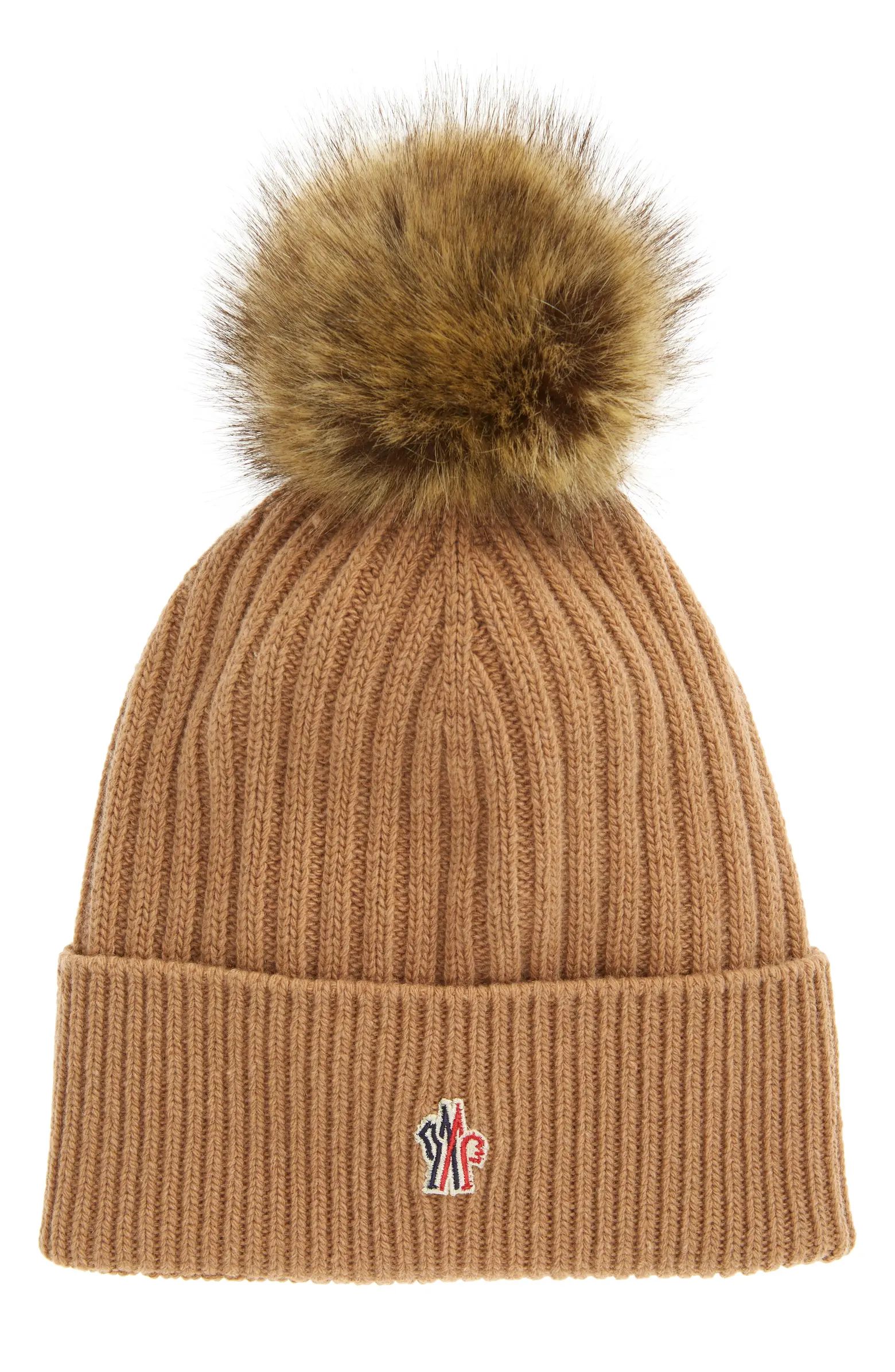 Moncler Grenoble Cashmere & Wool Rib Beanie with Faux Fur Pompom | Nordstrom | Nordstrom