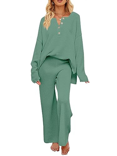 MEROKEETY Women's 2 Piece Outfit Sets Long Sleeve Button Knit Pullover Sweater and Pants Lounge Sets Green X-Large | Amazon (US)