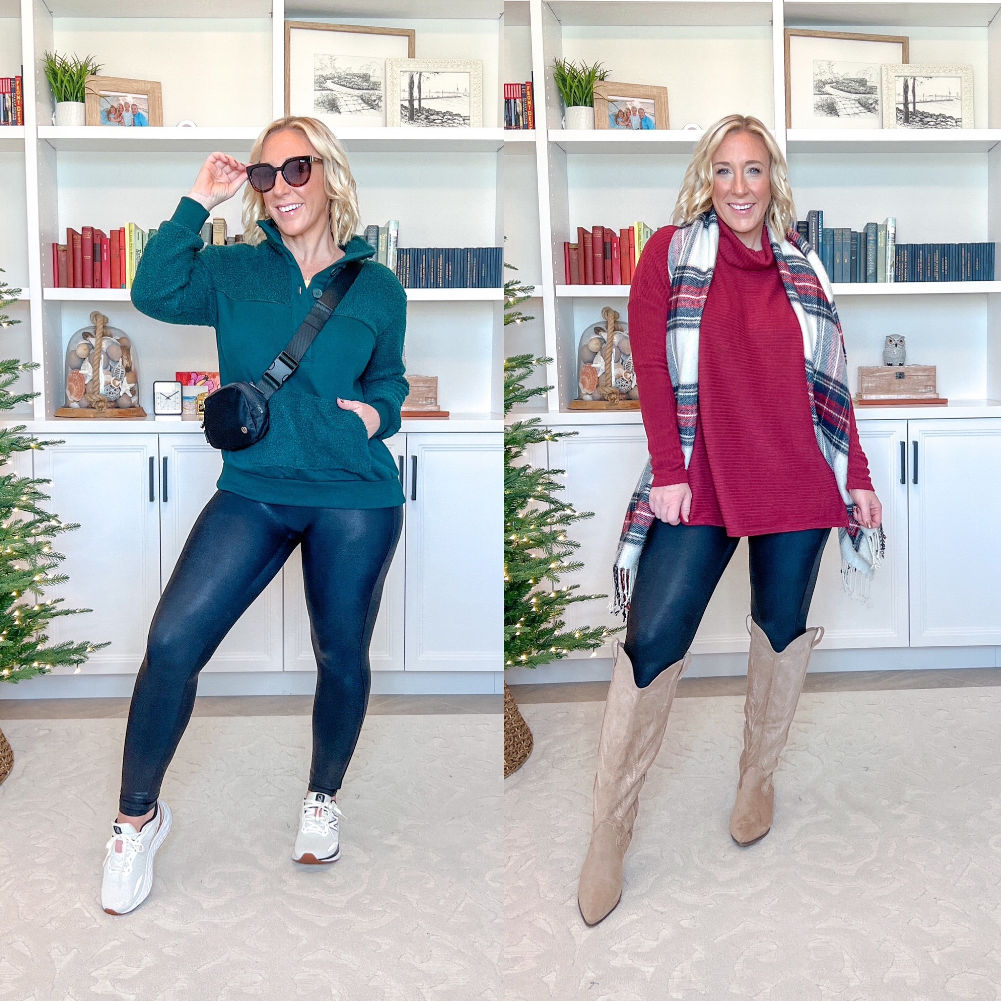 Walmart cozy finds:
1. Sherpa pullover - size small (could have done my normal size medium or sized up one more for an oversized fit). Very soft on the inside and cozy sherpa detail on the outside. $17.98.
2. Tunic sweatshirt - size small (could have done a medium for more room in the hips). Soft ribbed texture w/ a cowl neck - perfect length for leggings. $15.98.
Spanx faux leather leggings - size large petite. Code LESLIEXSPANX. 
Sneakers - tts (and lightweight!)
Boots - size up for more room in the calves.
Linked similar scarves  

#LTKfindsunder50 #LTKSeasonal #LTKHoliday