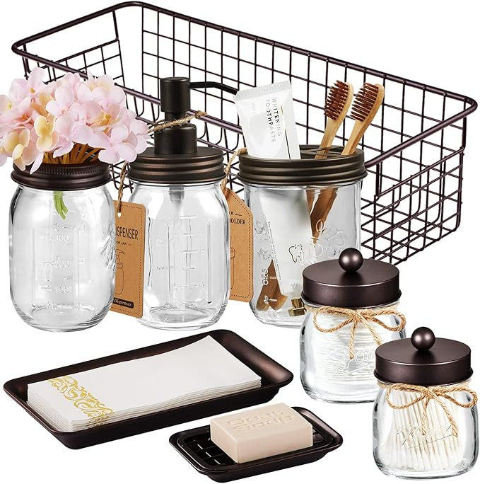 Mason Jar Bathroom Accessories Set (8 PCS) - Lotion Soap Dispenser,Toothbrush Holder,2 Apothecary... | Amazon (US)