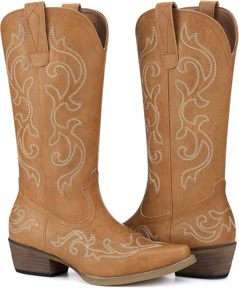 HISEA Cowboy Boots for Women Western Cowgirl Boots with Chunky Heel Ladies Snip Toe Mid-Calf Boots | Amazon (US)