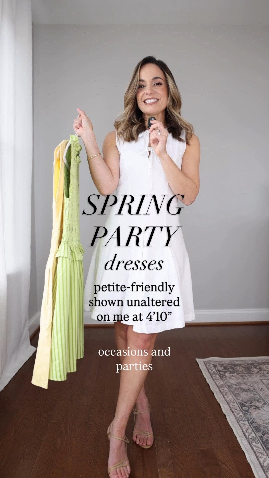 Three petite-friendly above the knee dress for your next spring or summer celebration! 

Green dress (Tuckernuck): xs - sized up | fully lined 
Yellow dress (BR Factory): petite xxs | true to size | fully lined 
White dress (BR Factory): petite xxs | true to size | fully lined 

My sizing for reference: I’m 4’10”, 105 lbs. my measurements are 32”, 24”, 36”. I typically wear petite xxs/00/24 and have a 25” ankle inseam. 

#LTKPetite #LTKSeasonal