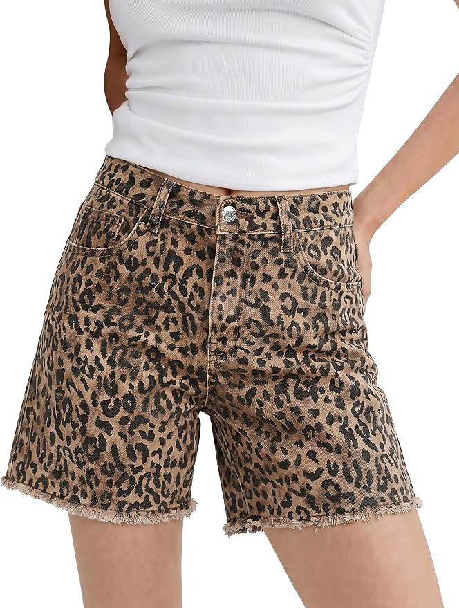 luvamia Leopard Jean Shorts for Women Trendy High Rise Cheetah Denim Jorts | High Waisted Leopard... | Amazon (US)