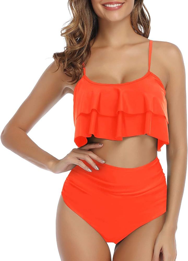 Tempt Me Women Ruffle High Waisted Bikini Two Piece Swimsuits Ruched Bathing Suit | Amazon (US)