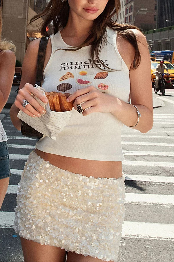 Edikted Evelina Sequin Mini Skort in Cream, Women's at Urban Outfitters | Urban Outfitters (US and RoW)