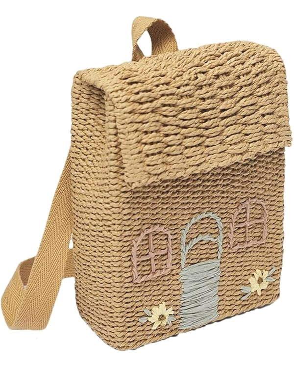 Handwoven Straw Backpack with Floral Embroidery Natural Woven Clutch Handbag Shoulder Bag Beach S... | Amazon (US)