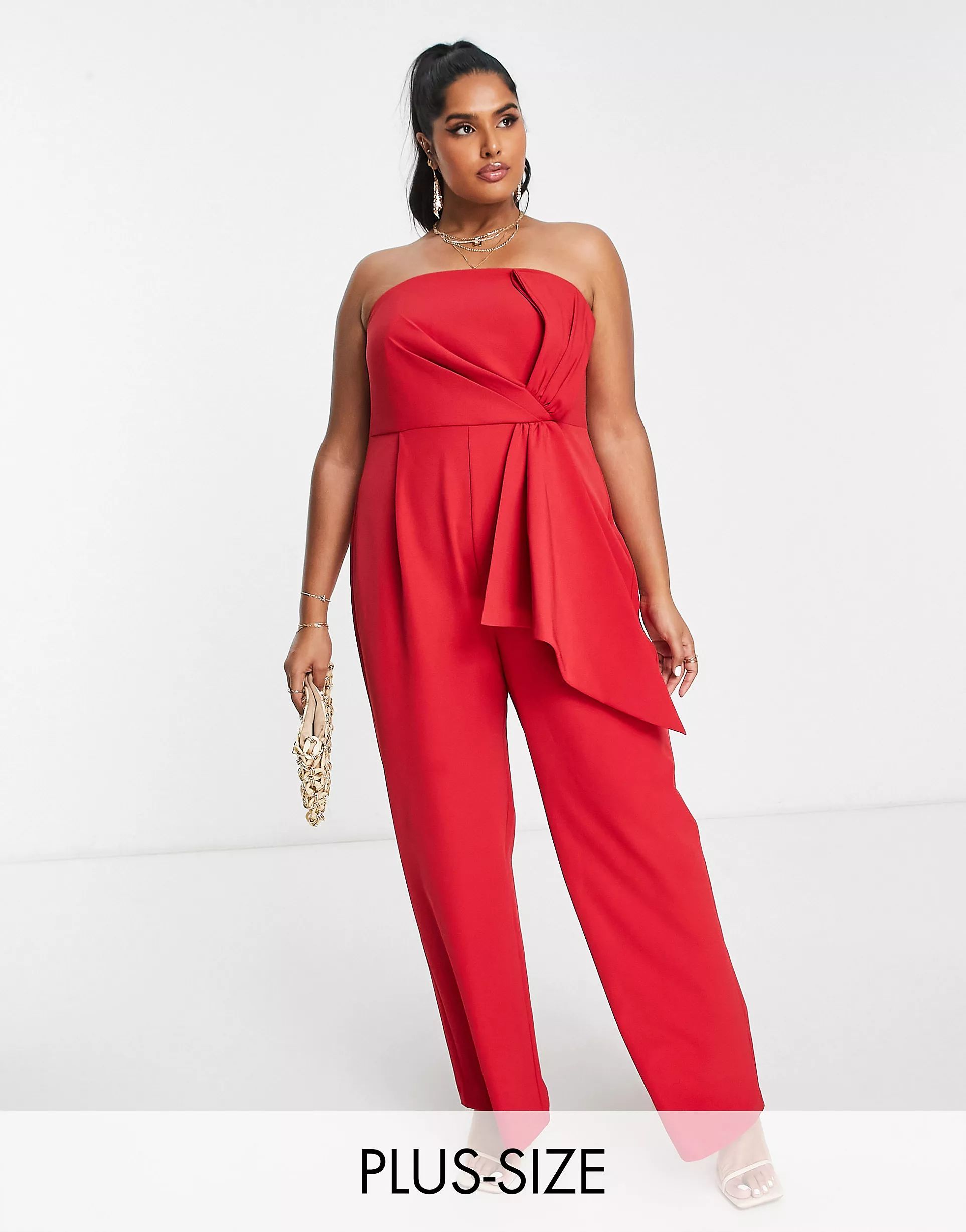 Ever New Curve bandeau bow drape jumpsuit in red | ASOS (Global)