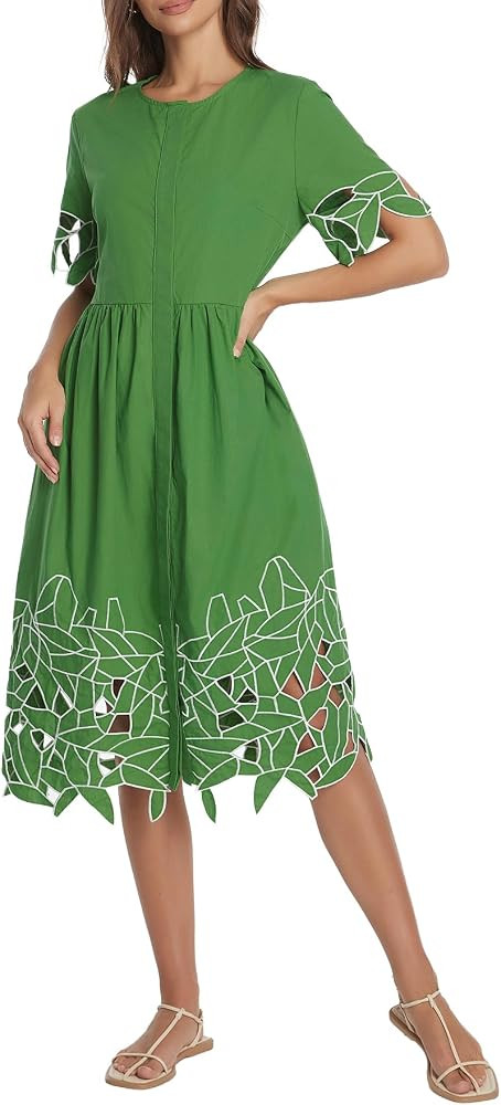 EZAPINE Summer Midi Dresses for Women Eyelet Button Down A Line Hollow Out Beach Vacation Wedding... | Amazon (US)