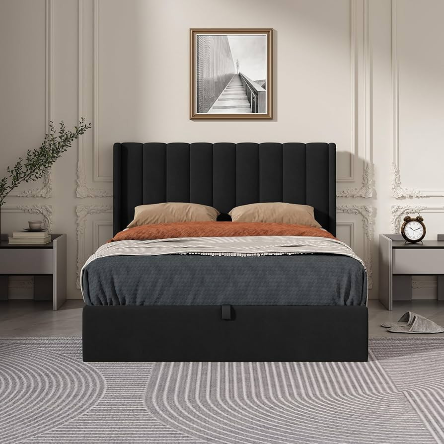 Full Size Hydraulic Lift Up Upholstered Storage Bed with WIngback Headboard,Black | Amazon (US)