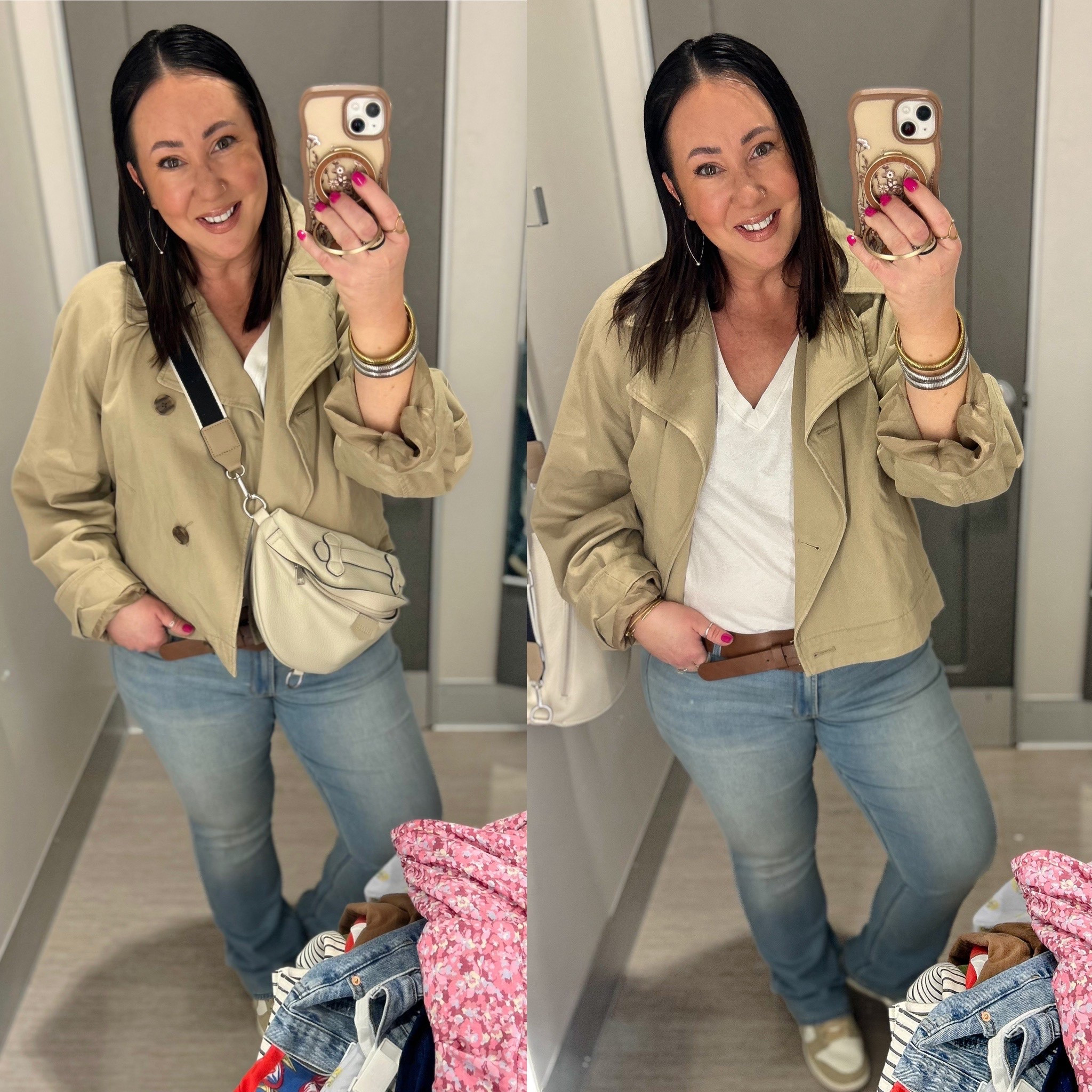 OOTD! Curvy/midsection friendly finds! Size 16 regular mid rise bootcut jeans. XL v neck tee. Large jacket. Nikes run true to size.  XL belt.  

#LTKOver40 #LTKMidsize #LTKootd