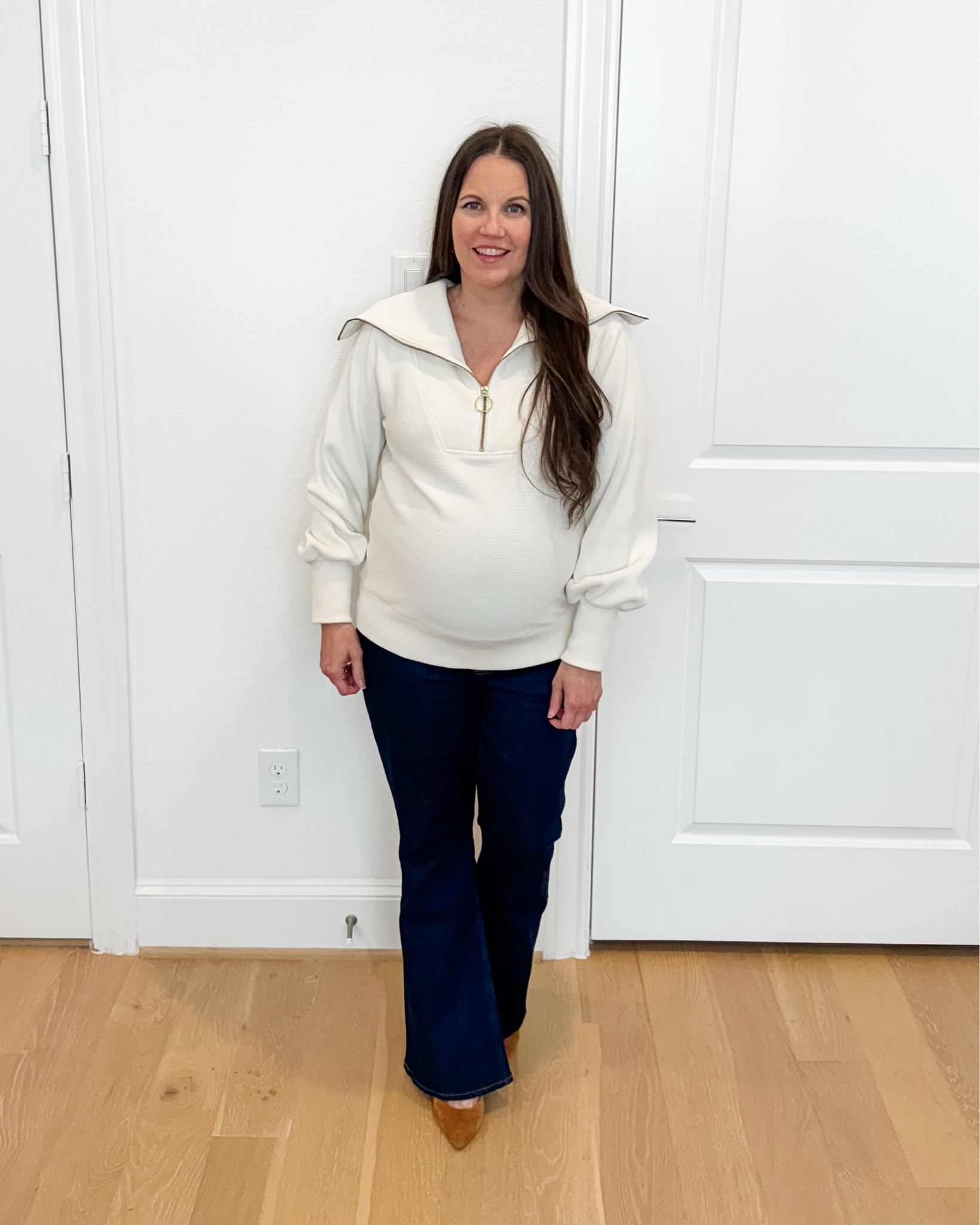 Polished Maternity Winter Outfit

This is one of my favorite polished maternity outfit ideas for winter. The half-zip pullover with an oversized collar instantly elevates the look, while the dark blue bootcut flared jeans provide the most comfortable, supportive fit. Finished with brown heels, this winter outfit is an effortless dressy casual outfit and such a good staple for stylish winter outfits women love.


#LTKBump #LTKSeasonal #LTKPetite