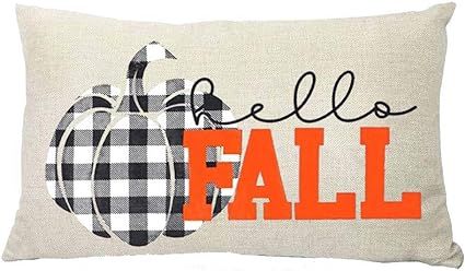 ZYCH Hello Fall Black and White Plaid Pumpkin Cotton Linen Square Throw Pillow Case Cushion Cover... | Amazon (US)