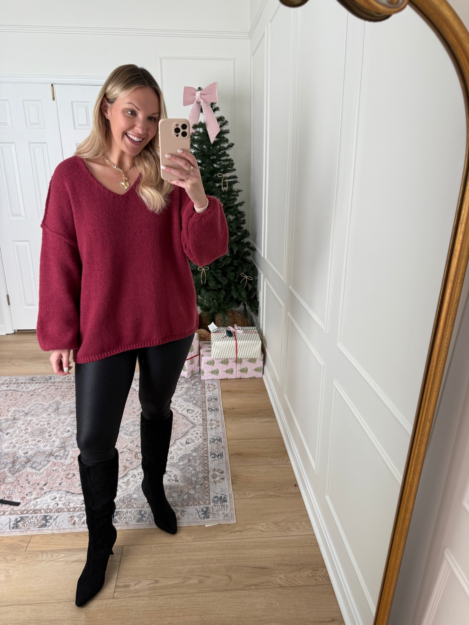 Oversized sweater and faux leather leggings! These leggings instantly elevate any outfit! Holiday outfit - wearing a large in the leggings and med top

#LTKFindsUnder100 #LTKSeasonal #LTKHoliday