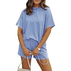 MARZXIN Women 2 Piece Shorts Set 2026 Casual Summer Cruise Outfits Ribbed Loose Short Sleeve Pock... | Amazon (US)