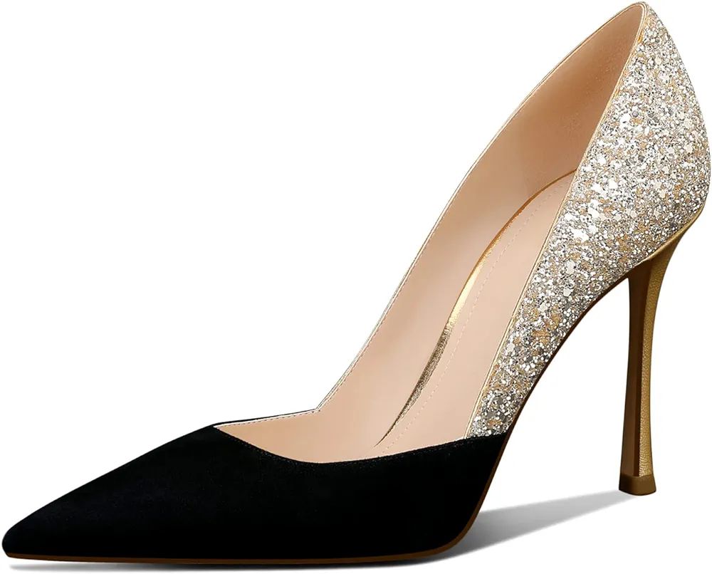 Women's Gold Classic Pointed Toe High Heels Stiletto Pumps with 3.35in Sparkly for Wedding,Party,... | Amazon (US)