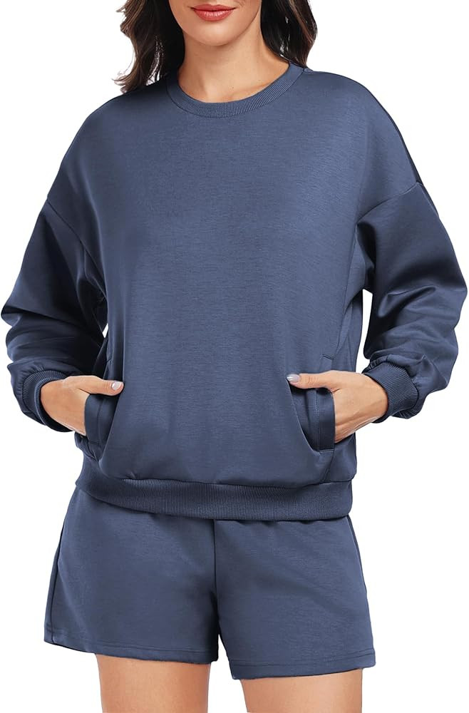PINSPARK Two Piece Sets for Women 2024 Fall Outfits Sweatsuit 4 Pockets Sweat Short Sets Casual M... | Amazon (US)