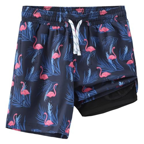 HODOSPORS Boys Swim Trunks with Compression Liner Swimsuit Bathing Suit Toddler Board Shorts Navy Flamingo | Amazon (US)