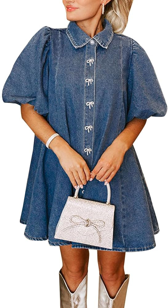 LifeShe Women's Blue Denim Babydoll Mini Dress with Puff Sleeves, Lapel Collar & Diamond Bow Deco... | Amazon (US)