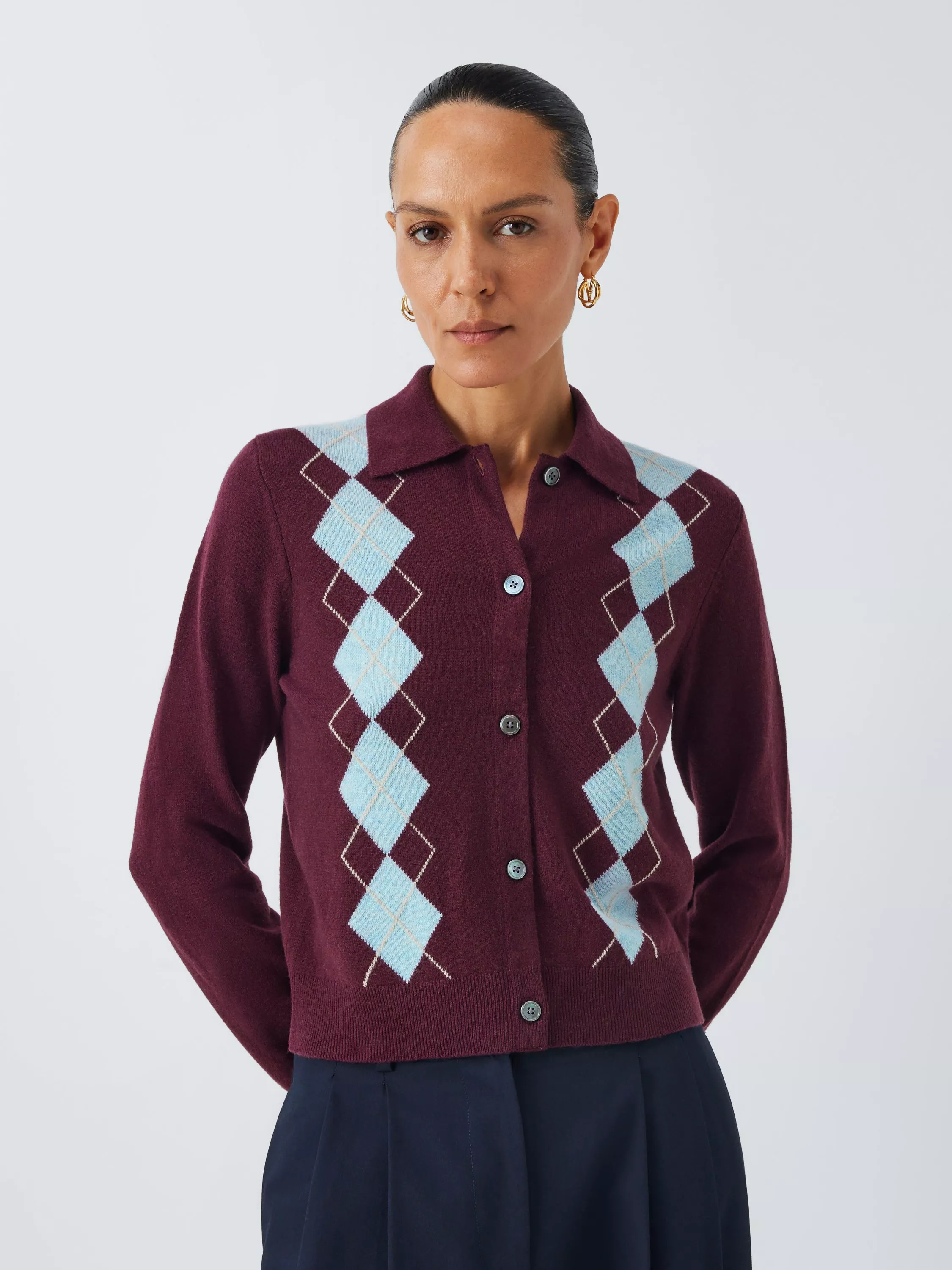 John Lewis Merino Wool Blend Collared Argyle Cardigan | John Lewis (UK)