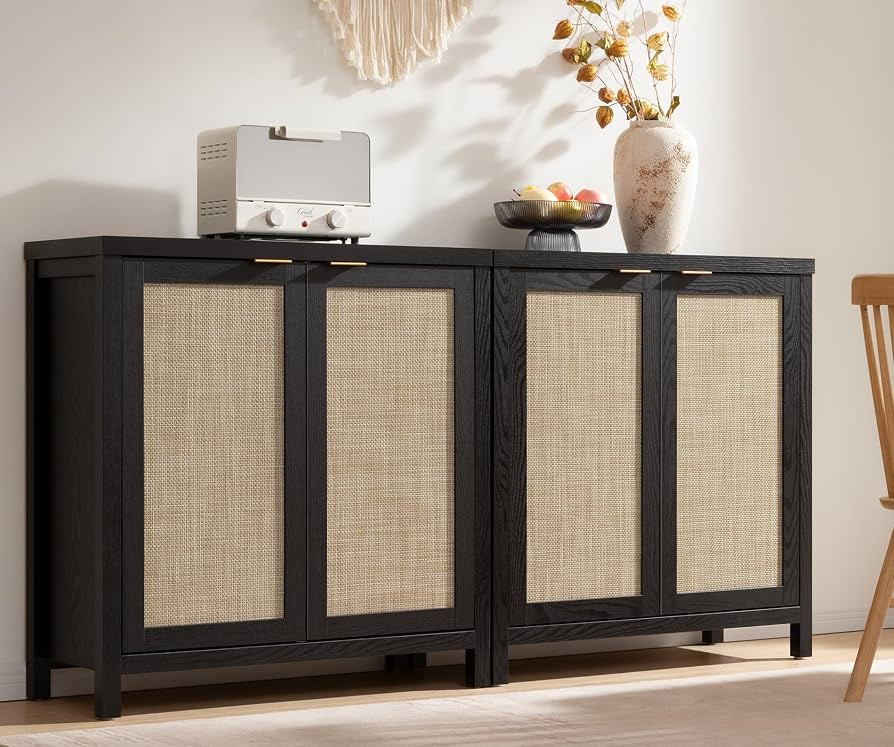 SICOTAS Black Sideboard Buffet Storage Cabinet - 2 Pieces Boho Rattan Credenza Accent Coffee Bar ... | Amazon (US)