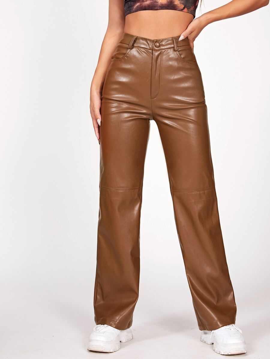 SHEIN PETITE Solid PU Leather Straight Leg Pants | SHEIN