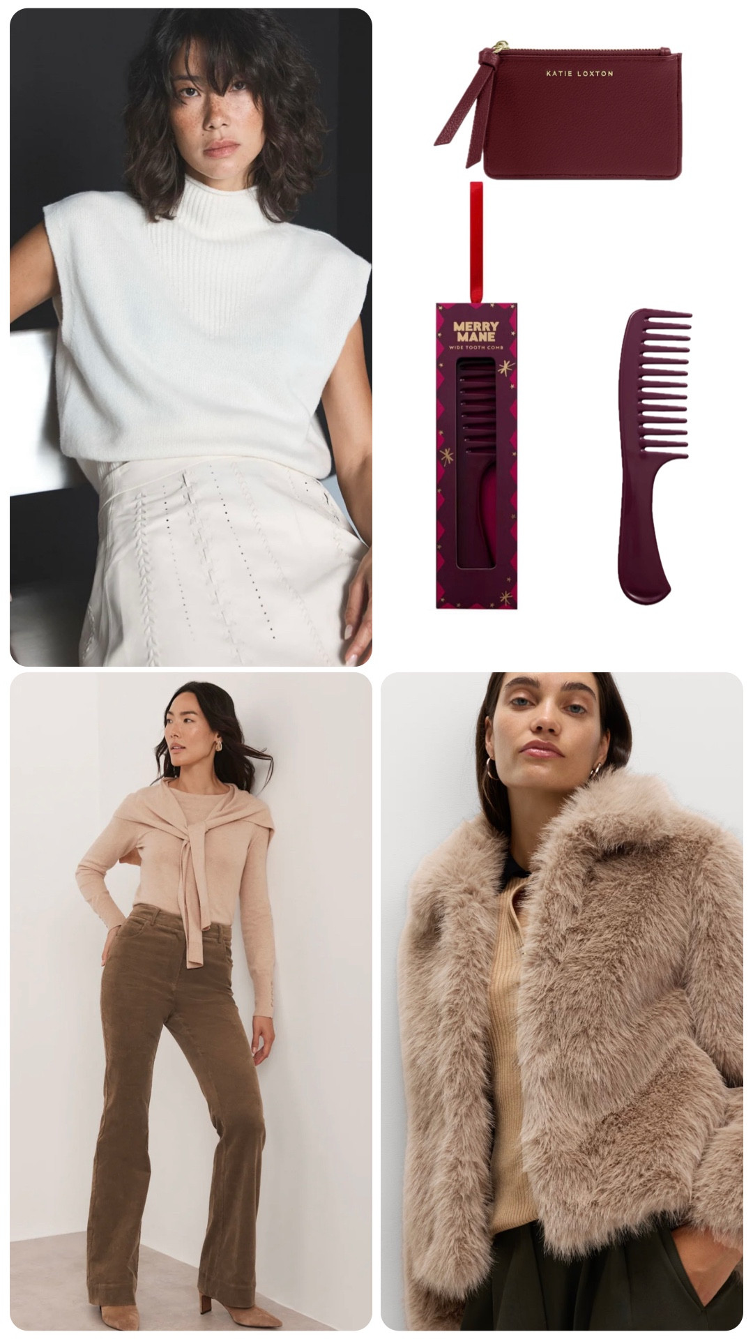 Here are some cream knit tops, corduroy trousers, faux fur jackets and handbags from MINT VELVET and MARKS & SPENCER.  The comb from BOOTS and the card and coin wallet from MARKS & SPENCER would make excellent stocking fillers!

#LTKstyletip #LTKuk #LTKautumn