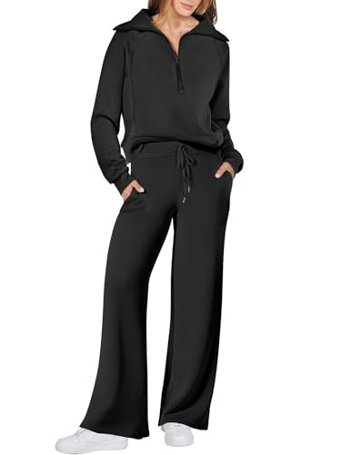 ANRABESS Women’s 2 Piece Outfits Half Zip Sweatshirt & Wide Leg Pants Airport Travel Lounge Matching Sets Sweatsuits Clothing Black X-Small | Amazon (US)