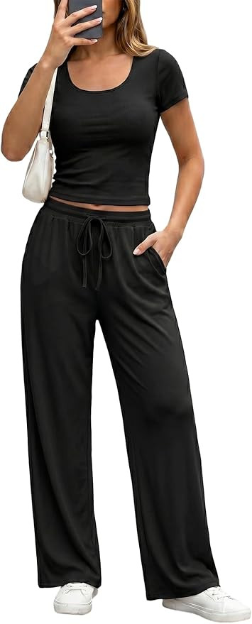 Two Piece Lounge Sets for Women Ribbed Knit Matching Set Summer Scoop Neck Tops Wide Leg Pants Ai... | Amazon (US)