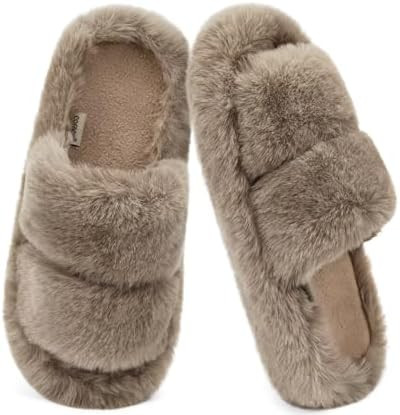 COFACE Women's Fuzzy Slippers Memory Foam Open Toe Slip On House Shoes Size 5-11 | Amazon (US)