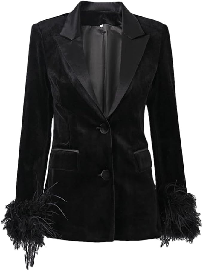 Womens Feather Cuff Patchwork Velour Blazer Notched Lapel Single Breasted Suit Jackets | Amazon (US)