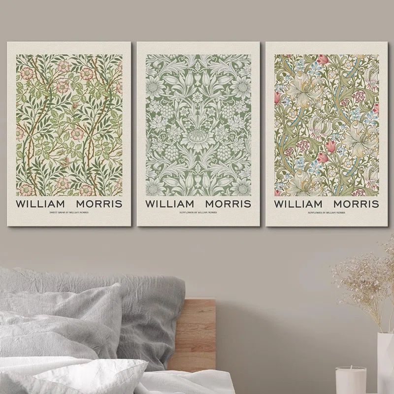 Green Flower Pattern Floral & Botanical Tapestries Framed Canvas 3 Pieces by William Morris Print | Wayfair North America