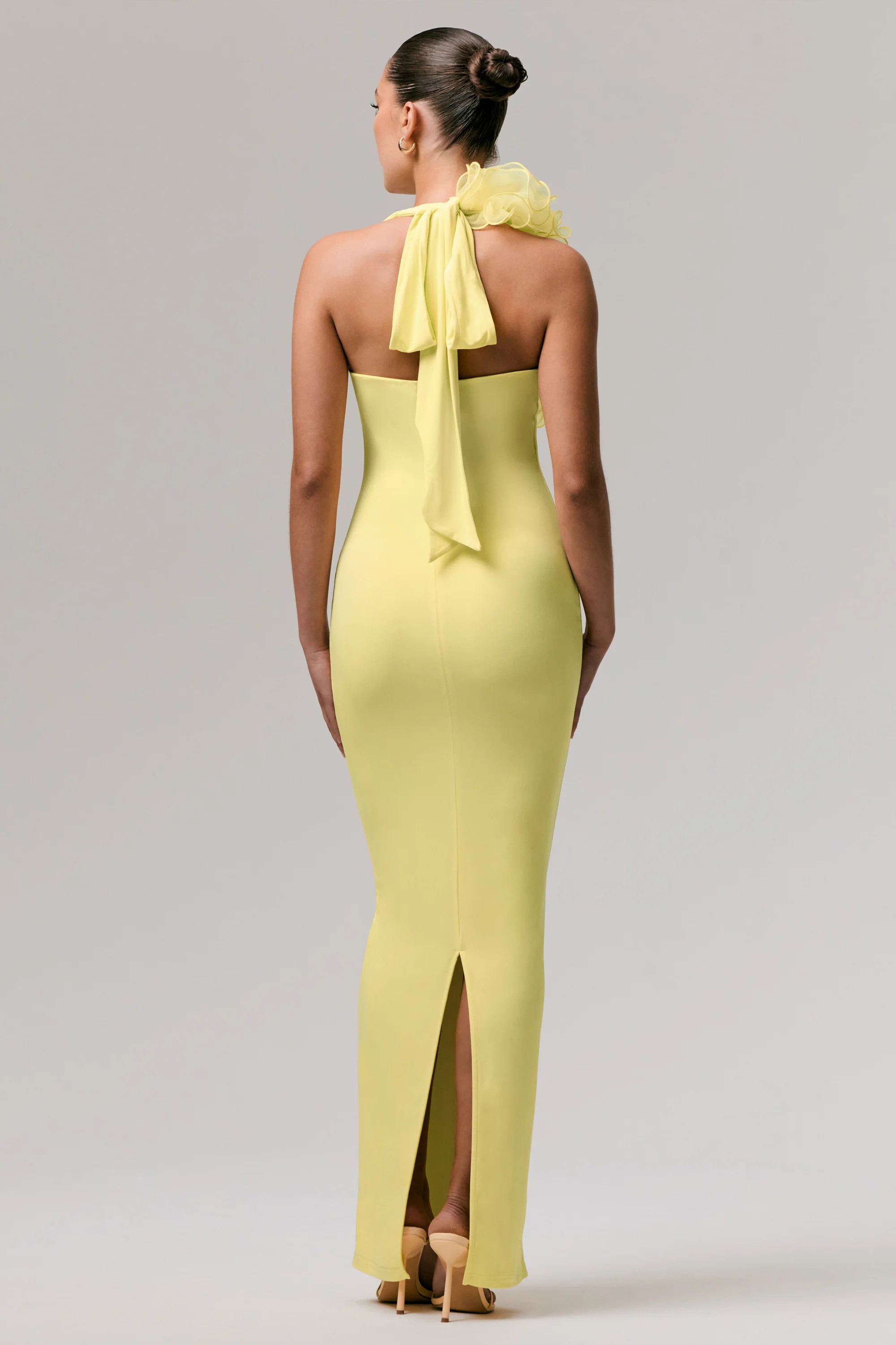 Harriet | Lemon Plunge-Neck Maxi Dress With Floral Detail | Club L London