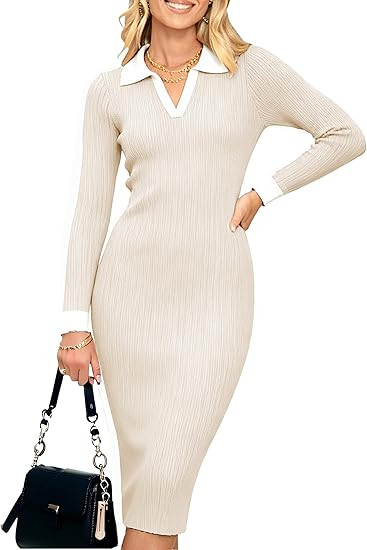 Simplee Womens Long Sleeve Sweater Midi Dress V Neck Casual Slim Fit Bodycon Knit Ribbed Slit Lon... | Amazon (US)