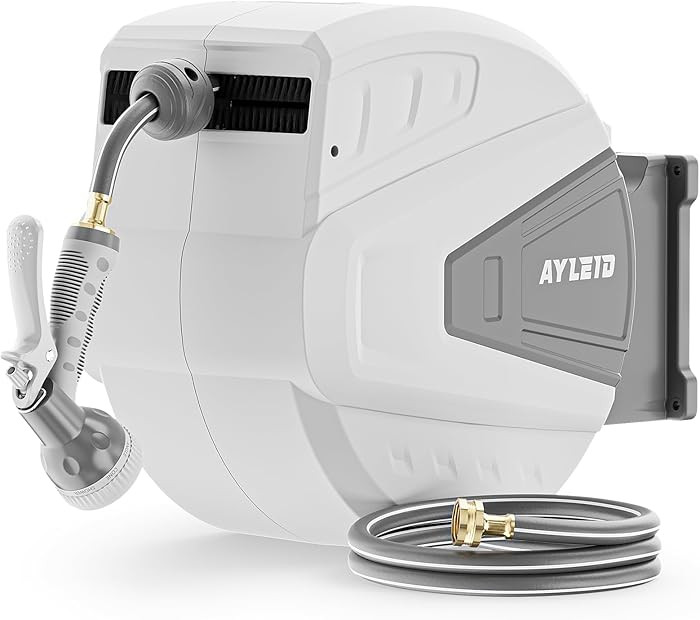Ayleid Retractable Garden Hose Reel,5/8 in x 100 FT Wall Mounted Hose Reel, with 9- Function Spra... | Amazon (US)