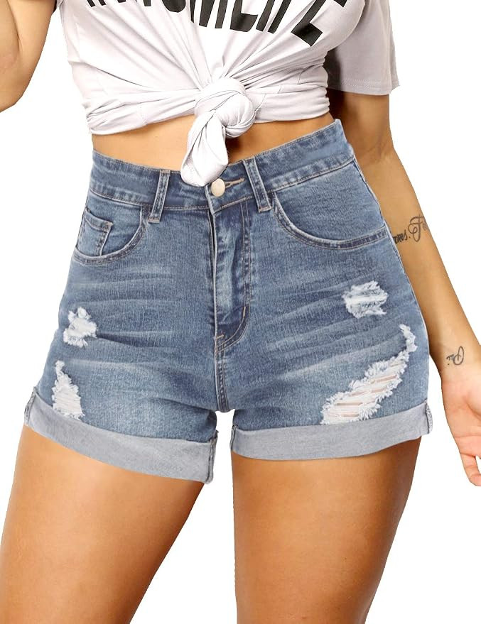 Haola Womens Stretchy Denim Shorts High Waisted Folded Hem Ripped Jeans Shorts | Amazon (US)