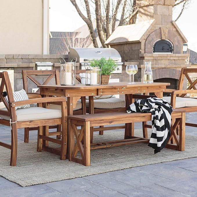 Walker Edison Delray Classic 6 Piece Acacia Wood Outdoor X Back Dining Set, Set of 6, Brown | Amazon (US)